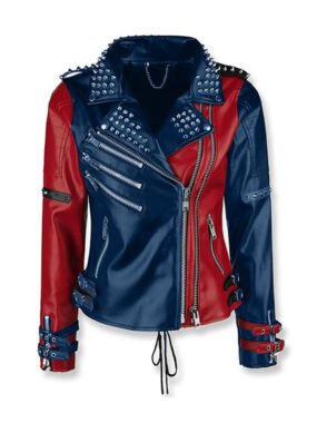 Harley Quinn Suicide Squad Studded Red and Blue Biker Leather Jacket