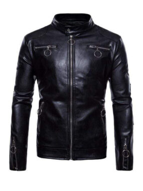 Men’s Black Stand Collar Motorcycle Leather Jacket