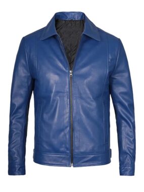 Men's Vintage Blue Shirt Collar Biker Leather Jacket