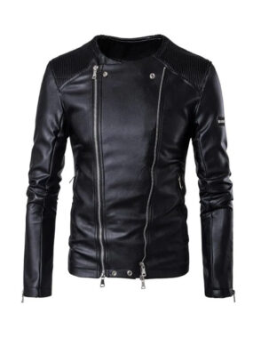 Men's Casual Round Collar Zipper Leather Jacket