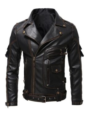 Men’s Black Biker Leather Jacket with Multi Pockets – Stylish Motorcycle Outerwear