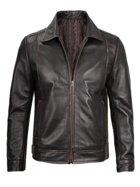 Men's Shirt Collar Brown Leather Jacket