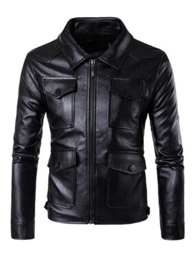 Men’s Black Multi-Pockets Shirt Style Biker Leather Jacket