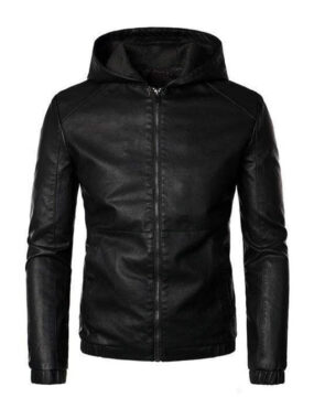 Man’s Black Motor Biker Hooded Leather Jacket