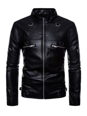 Mens Zipped Stand Collar Biker Leather Jacket