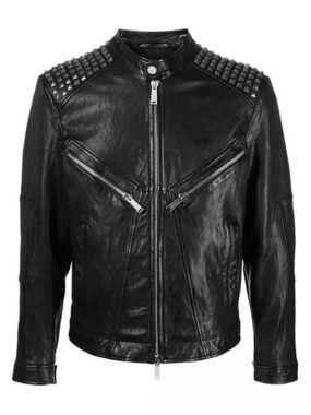 Men's Studded Black Leather Biker Jacket