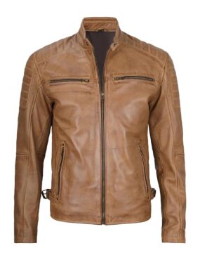 Men's Camel Brown Cafe Racer Biker Leather Jacket
