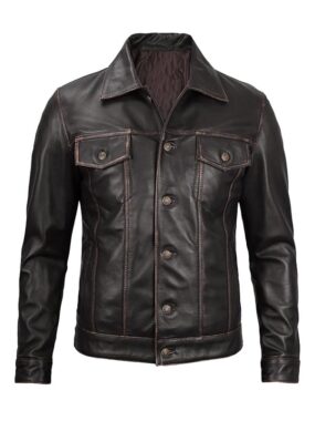 Men's Distressed Brown Leather Trucker Jacket