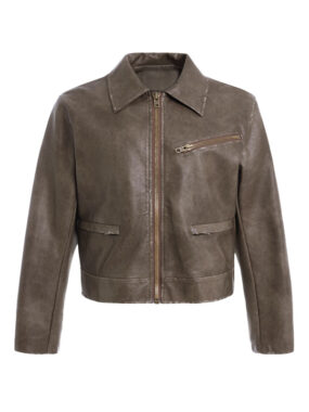 Women Distressed Brown Shirt Collar Leather Jacket