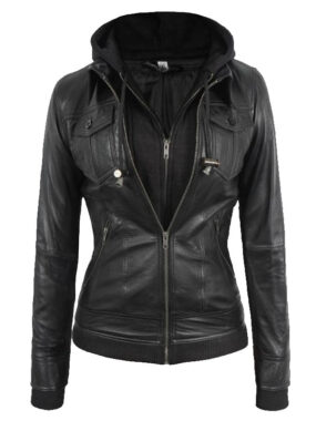 Women's Black Leather Bomber Jacket