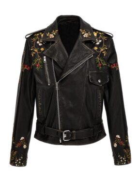 Women's Floral Embroidered Black Leather Jacket – Slim Fit Biker Style