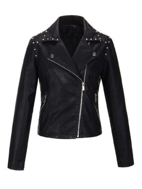 Women's Slim Fit Black Studded Leather Biker Jacket