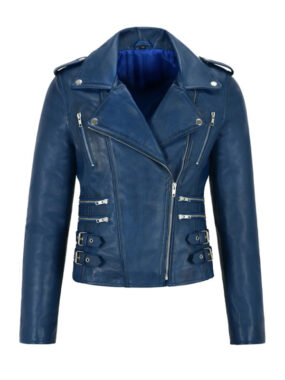 Women's Blue Bomber Biker Leather Jacket