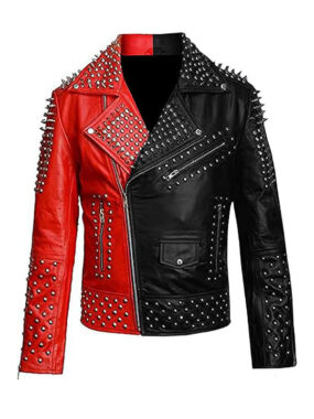 Women's Brando Studded Biker Leather Jacket - Red and Black Motorcycle Jacket for Women