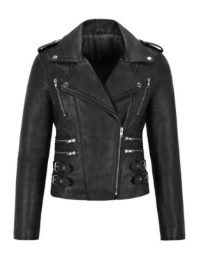 Women's Brando Style Black Biker Leather Jacket