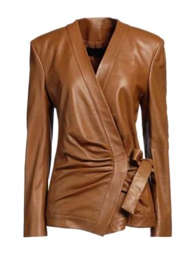 Women's V Neck Brown Leather Jacket
