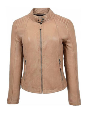 Women's Classic Beige Biker Leather Jacket