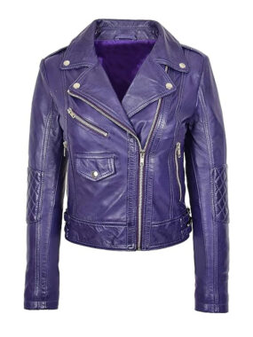 Women's Cross Zipp Fashion Purple Biker Leather Jacket