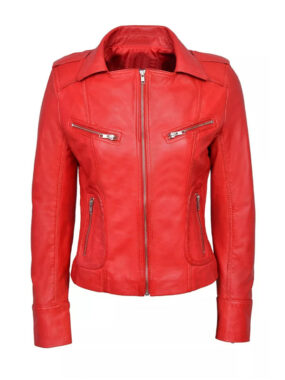 Women's Red Slim Fit Biker Leather Jacket