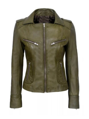Women's Slim Fit Olive Green Biker Leather Jacket