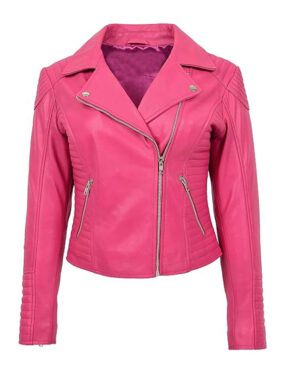 Women's Pink Cross Zipp Biker Leather Jacket