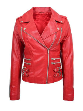 Women's Red Cross Zip Biker Leather Jacket