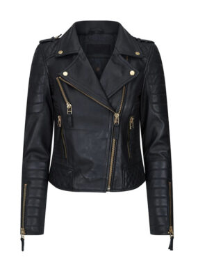 Women's Slim Fit Golden Zipper Black Biker Leather Jacket