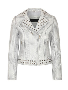 Women's Slim Fit Grey Studded Biker Leather Jacket